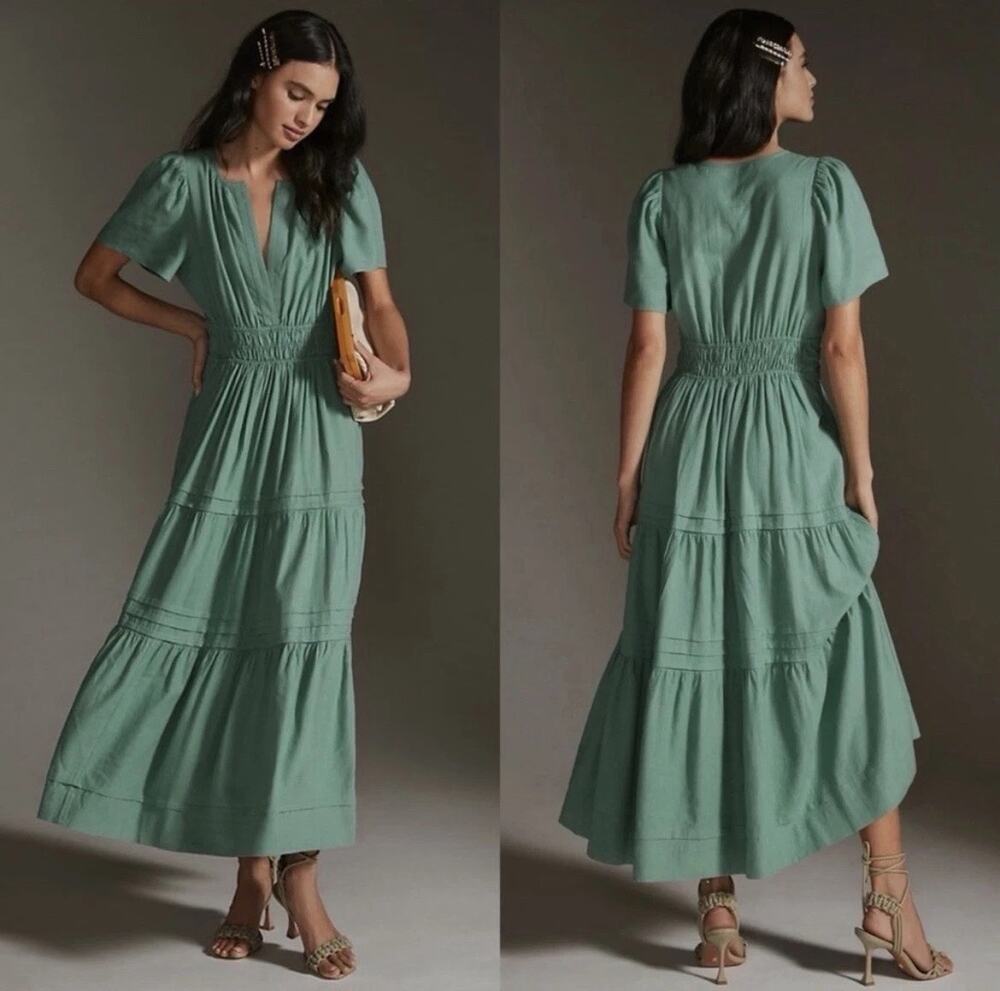 Anthropologie Somerset Green Linen Blend Maxi Dress
